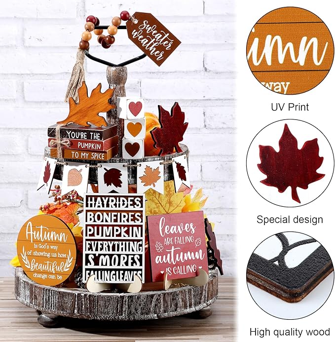 19 Pcs Retro Fall Tiered Tray Decor Autumn Farmhouse Home Decorations Set Fall Wood Tray Decor Autumn Thanksgiving Day Decorative Sign for Tabletop Kitchen Office Decorations