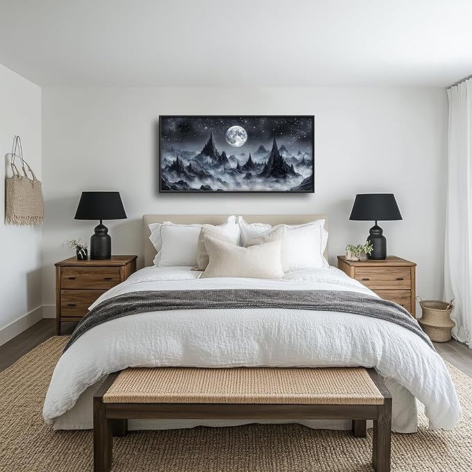 Olivine Mountain Large Wall Art, Moon Pictures Wall Decor, Nature Landscape Paintings, Night Mountains Canvas Prints, Framed Artwork for Dining Room Bedroom Living Room Office Bathroom Home 60"x30"