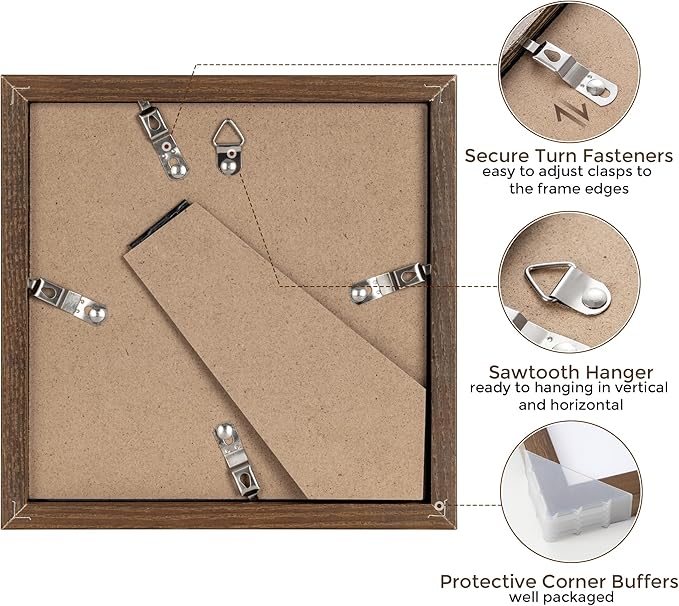 6x6 Picture Frames, Solid White Oak Wood Frame 6 x 6 with Stand for Wall & Tabletop Display, Rustic Wooden Photo Frame 6 by 6 with Real Glass, 6x6 Frame Matted to 4x4, Walnut Color, Set of 4