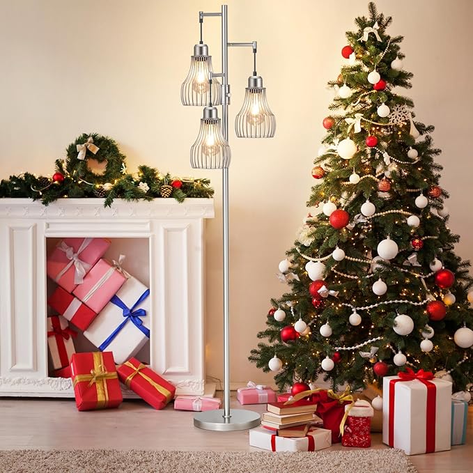 Dimmable Floor Lamp, 3 x 800LM LED Edison Bulbs Included, Farmhouse Industrial Floor Lamp Standing Tree Lamp with Elegant Cage Tall Lamps for Living Room Bedroom Office - Silver