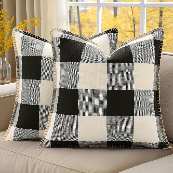 decorUhome Christmas Buffalo Plaid Check Throw Pillow Covers 24x24 Set of 2, Outdoor Linen Decorative Farmhouse Gingham Pillow Covers with Stitched Edge for Bed Couch Sofa, Black and White