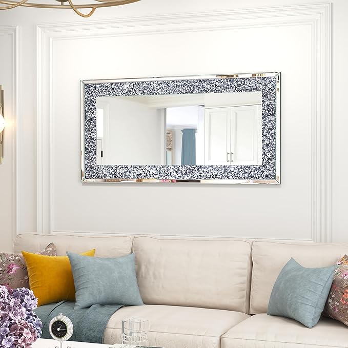 Crystal Crush Diamond Wall Mirror-47 x24 Silver Mirror, Gorgeous Rectangle Mirrors for Wall Bathroom, Bedroom, Dining Room and Living Room