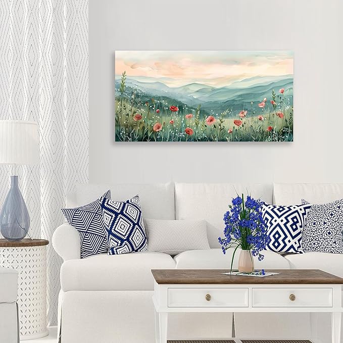 Tucai Decor Floral Landscape Canvas Wall Art 30 x 58 inches Poppies in Mountain Valley Home Decor Art Prints for Living Room Bedroom Office Ready to Hang