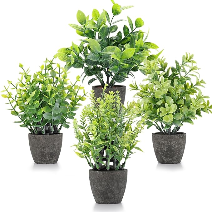 4 Pack Fake Plants Ceramic Mini Artificial Greenery Potted Plants for Home, Office, Room, Farmhouse, Indoor Table, Bathroom Decor