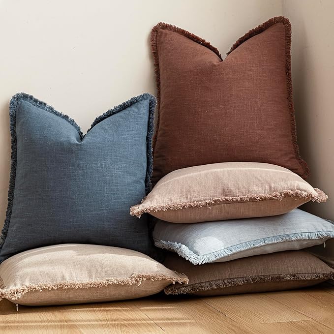 Foindtower Set of 2 Decorative Linen Fringe Throw Pillow Covers Cozy Farmhouse Cushion Cover with Tassels Accent Pillowcase for Couch Chair Sofa Bed Living Room Home Decor,22×22 Inch,Dark Blue