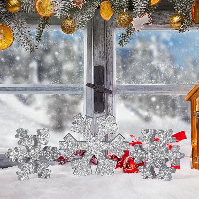 Bucherry 3 Pcs Winter Wooden Snowflake Decor Rustic Winter Snowflake Table Signs Wonderland Wood Blocks Farmhouse Christmas Tiered Tray Decorations for Xmas Table Shelf(Glitter Gray)