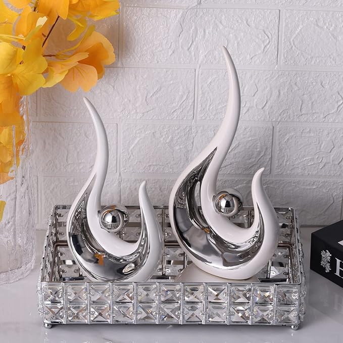 LCCCK 2-Pack Modern Abstract Art Home Decor Accent, Contemporary Statues Coffee Table Decor for Living Room, Dining Room Centerpieces, Ceramic Sculptures and Silver Knick Knacks for TV Stand Decor