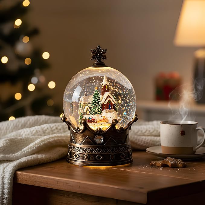 Christmas Snow Globe Lantern Water Glittering Village & Santa Crown with Music, USB Lined/Battery Operated Lighted Lantern for Christmas Festival Decoration Gifts