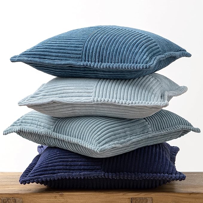 MIULEE Dusty Blue Navy Throw Pillow Covers 16x16 Inch 4 Packs Soft Boho Decorative Gradient Series Pillow Cases Farmhouse Euro Cushion Covers for Couch Sofa Bed Corduroy Striped Home Decor