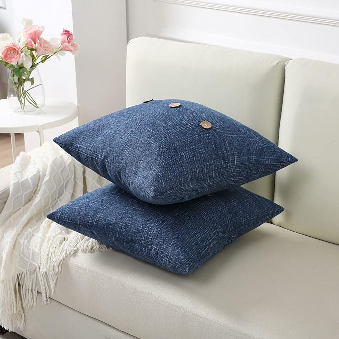 HAUSSY Navy Blue Linen Decorative Throw Pillow Covers 22x22 Inch Set of 2,Square Cushion Case with 3 Vintage Buttons,Modern Farmhouse Home Decor for Couch,Bed