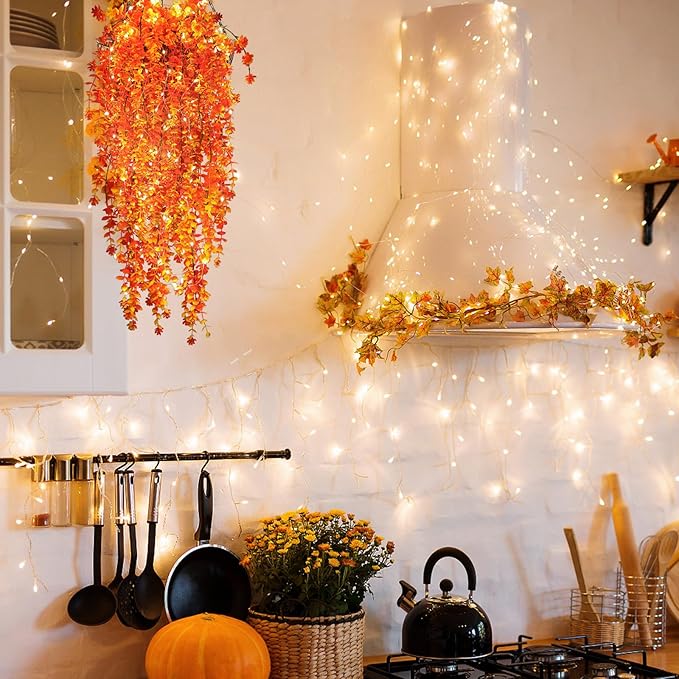 SJL Artificial Hanging Plant Pack of 4 Fall Outdoor Hanging Plants with Lights Artificial Decor Plant Fall Faux Vine Plants Faux Autumn Flowers for Farmhouse Kitchen Party Thanksgiving (Gold)