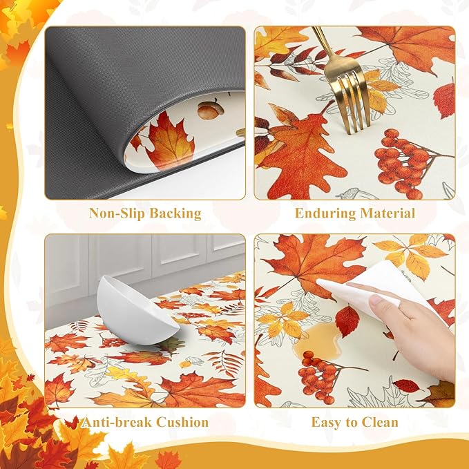 SHACOS Fall Anti Fatigue Kitchen Mats 2 Pcs Orange Maple Leaves Acorn Nuts Autumn Non Slip Cushioned Floor Mat for Kitchen Ergonomic Standing Mats Home Decor, 17x27.5+17x47, Maple & Acorn