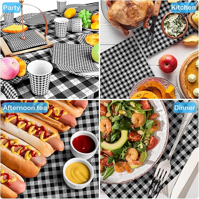 Gatherfun Disposable Paper Napkins Black and White Gingham for Dinner Picnic and Parties (Pack of 50)