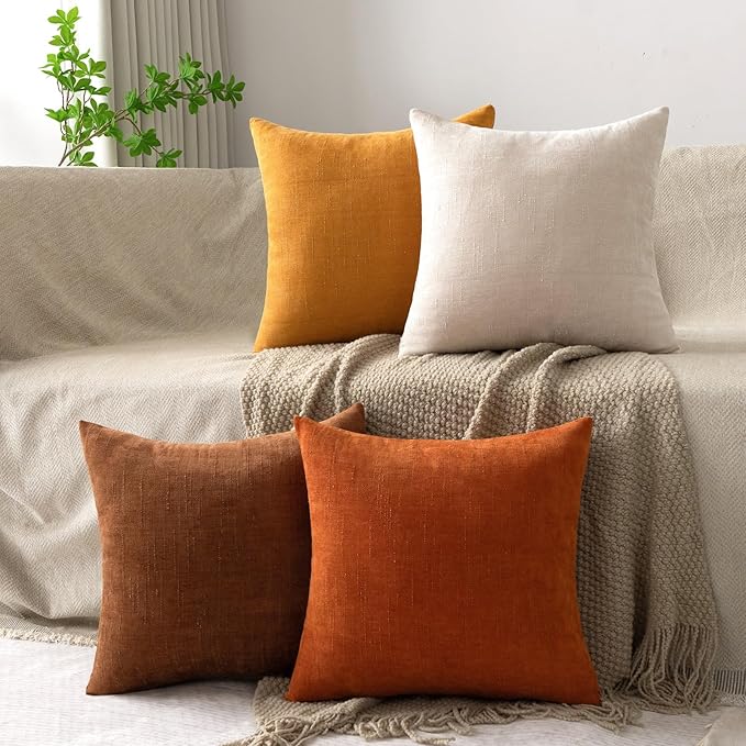 Set of 4 Soft Textured Decorative Throw Pillow Covers 24x24 Inch Cozy Farmhouse Cushion Cover Square Accent Pillow Cases for Bed Couch Sofa Living Room, Beige Rust Orange