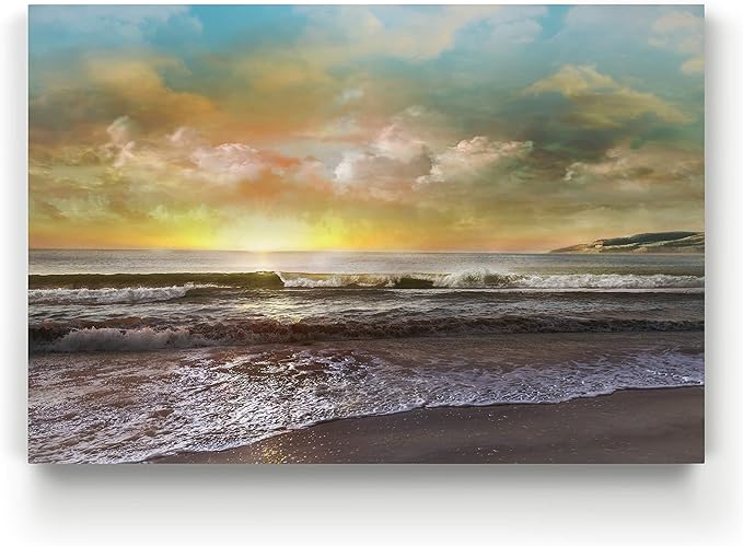 Renditions Gallery Canvas Nature Art Landscape View of Dusk at Calm Ocean Beach Wall Hanging Prints for Office Home Kitchen Decorations - 18"X27" LT08