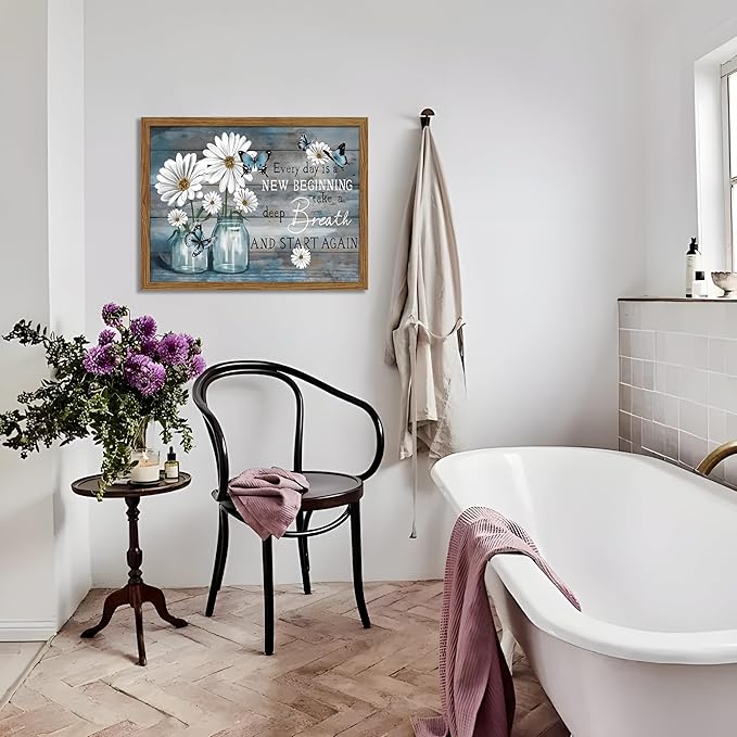 Wood Framed Daisy Butterfly Wall Art, Blue Rustic Farmhouse Canvas Wall Decor Paintings, Inspirational Flower Still Life Posters Prints Pictures for Kitchen Bathroom Home Decor 16x24 Inch