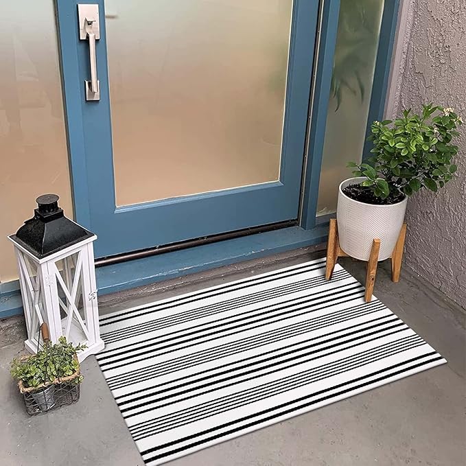 OJIA Fall Front Door Mats Outdoor 24"x35", Cotton Woven Halloween Doormat Front Door Rug Washable Indoor Door Mat Black and White Outdoor Rugs Striped Rug for Porch Decor/Farmhouse/Entryway