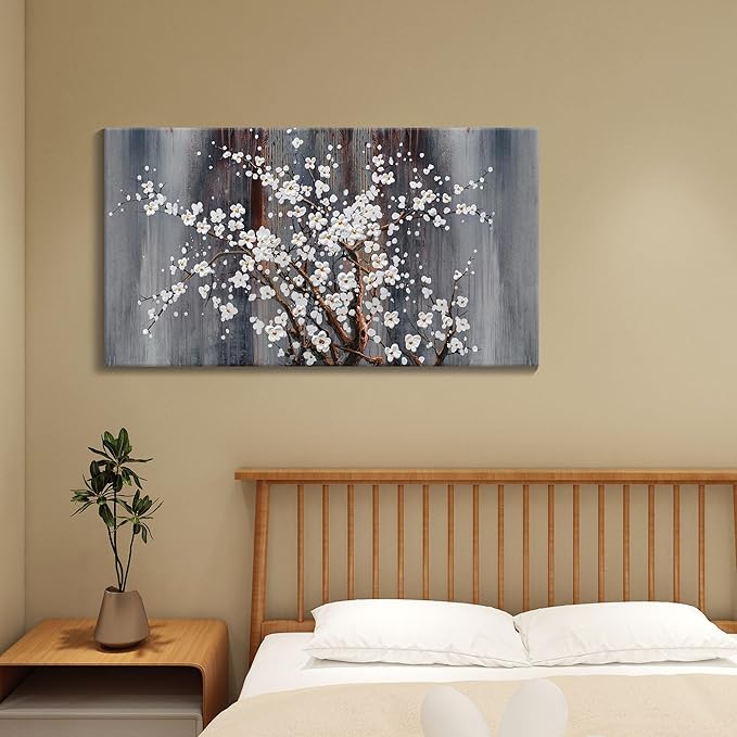 AJAZIKO Wall Art for Living Room Large Modern Wall Decor Canvas Paintings for Wall Decorations White Flower Brown Bedroom Office Artwork Plum Blossom Art Prints Framed