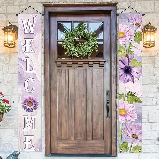 2pcs Welcome Summer Door Banner Colorful Daisy Porch Banners Sign Sunflower Floral Front Door Hanging Decor Banner for Seasonal Home Hawaii Tropical Party Outdoor Decorations
