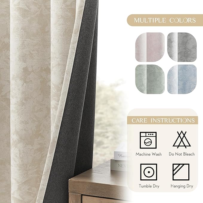 Beauoop Beige Floral Jacquard Blackout Curtains 84 Inches Long for Patio Sliding Door Extra Wide Chenille Flower Divider Room Darkening Thermal Soundproof Grommet Window Drapes, 100x84 Set of 1