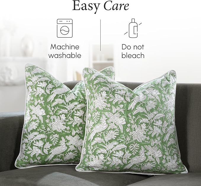 CPC 100% Cotton Throw Pillow Covers 20x20 Inch, Set of 2 Green Block Print Pattern Couch Pillow, Cute Boho Decorative Pillows for Living Room, Bedroom with Hidden Zipper- Olive Green