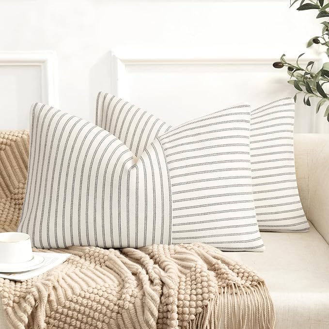 Farmhouse Pillow Covers 12x20, Modern Accent Lumbar Throw Pillow Covers Set of 2, Grey and Beige Striped Patchwork Linen Decorative Pillows Cushion Covers for Couch Chair Bedroom Fall Decorations