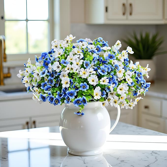 LADADA 6 Bundles Artificial Fake Flowers，Fake Blue Silk Daisy with Eucalyptus for Planter Pot UV Resistant Realistic for Outside Porch Home Patio Garden Decoration (White Blue)