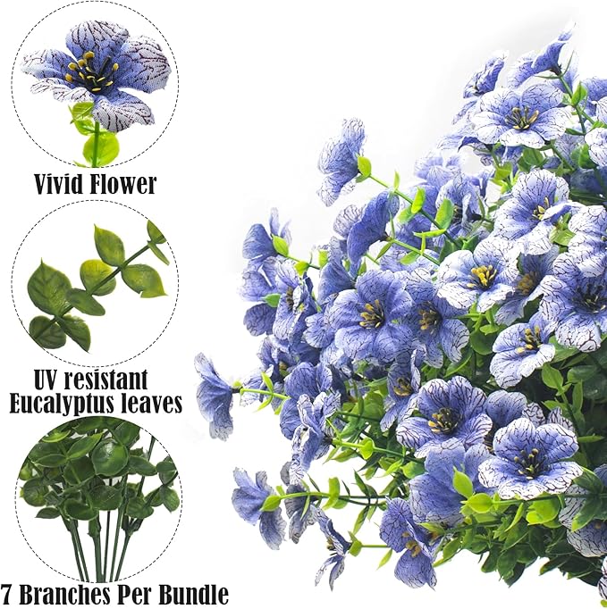 Artificial Fake Flowers for Outdoor Spring Decoration, 16 Bundles Faux Silk Colorful Daisy UV Resistant Realistic for Outside Porch Patio Home Yard Garden Planters Pots Window Box (Blue)