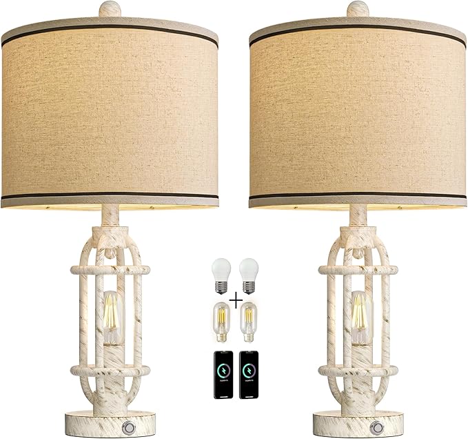 23.75'' Table Lamps Set of 2 for Living Room Bedroom Industrial Farmhouse Metal Touch Lamps with USB A+C Ports, Night Light Vintage Nightstand Bedside Lamp, Bulbs Included, White