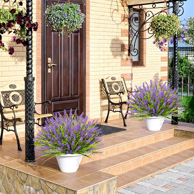 N&T NIETING Artificial Plants Outdoor, 20 Bundles Fake Monkey Grass with Spring Flowers, UV Resistant Faux Plants for Garden Window Office Patio Hanging Planter Pathway Front Porch Home(Purple)