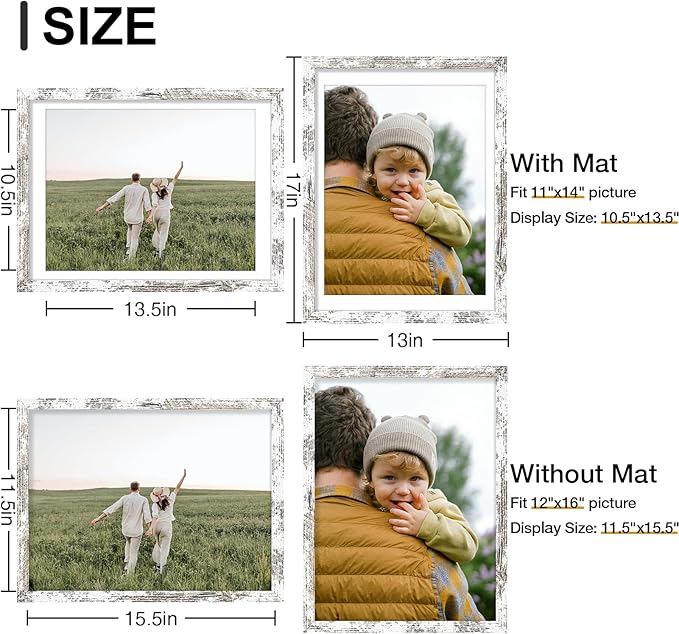 Vittanly 12x16 Picture Frames Set of 9, Shatter Resistant Plexiglass, Display 11x14 Pictures with Mat or 12x16 without Mat, Photo Frames for Wall Mount, Engineered Wood, Distressed White
