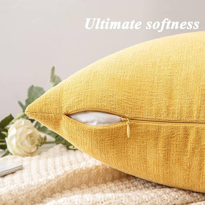GAWAMAY Decorative Square Throw Pillow Covers 18"x18" Inch Set of 4, Super Soft Chenille Pillows Cover Fall Pillowcase for Living Room Bedroom Sofa Couch Cushion Cover Mustard Yellow 45x45cm