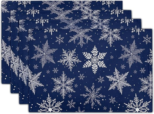 Winter Blue Snowflake Placemats 12×18 Inches Set of 4 Holiday Indoor Kitchen Dining Table Place Mats for Home Party Decoration