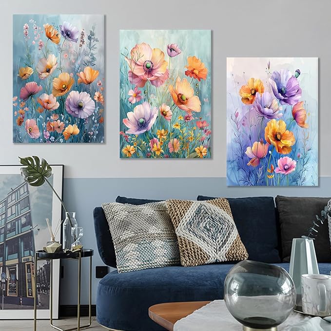 Colorful Floral Poster Wall Art 3 Pieces Abstract Farmhouse Botanical Wildflower Daisy Wooden Framed Print on Canvas Painting Artwork for Living Room Gym Hotel Office Ready to Hang [60''W x 28''H]
