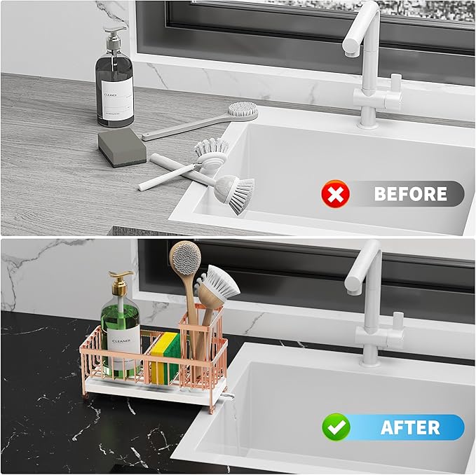 Cisily Rose Gold Sponge Holder for Kitchen Sink, Sink Caddy Organizer with High Brush Holder, Kitchen Countertop Organizers and Storage Essentials, Rustproof 304 Stainless Steel, Soap Dispenser