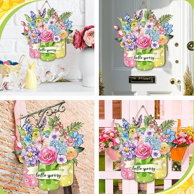 Spiareal Spring Welcome Sign Spring Flower Decor Wood Hanging Door Sign Outdoor Decorations for Farmhouse Porch Front D Decoration
