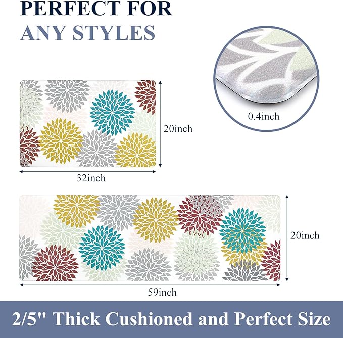 HEBE Anti Fatigue Kitchen Rug Sets 2 Piece Non Slip Kitchen Mats for Floor Cushioned Kitchen Rugs and Mats Waterproof Comfort Standing Mat Runner for Kitchen,Home Office,Sink,Laundry