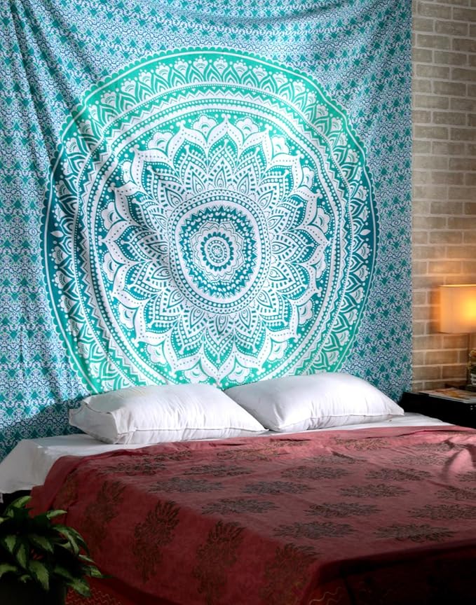 RAJRANG Extra Large King Size Mandala Tapestry for Bedroom and Living Room Wall Hanging Cotton Ombre Tapestries Sea Green 90x108 Inch