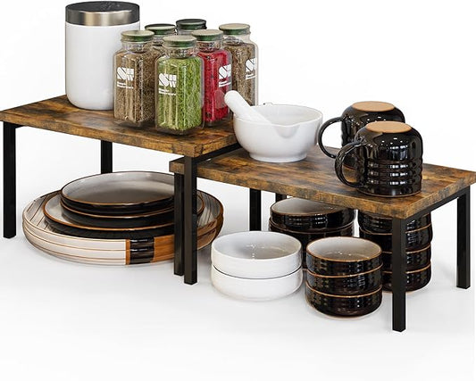 Simple Houseware Wooden Top Expandable Stackable Kitchen Cabinet and Counter Shelf Organizer, Rustic Brown