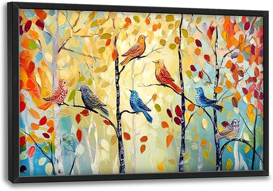 Extra Large Framed Abstract Bird Forest Wall Art,Colorful Birds Birch Tree Wall Decor Pictures for Living Room,Canvas Print Painting Modern Artwork Bedroom Office Bathroom Home Decor 36L x 24W