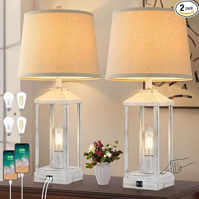 28" Farmhouse White Table Lamps for Living Room, 3-Way Dimmable Besides Nightstand Set of 2 Touch Control with USB Ports, Rustic Modern Vintage Retro Lamps for Bedroom, Home, Office, 4 Bulbs Included