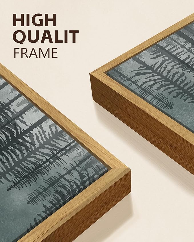 KUVIOKE Mountain Landscape Framed Wall Art Boho Nature Forest Paints Rustic Farmhouse Decor for Bedroom Dining Room Living Room 12x16in (Natural Framed)