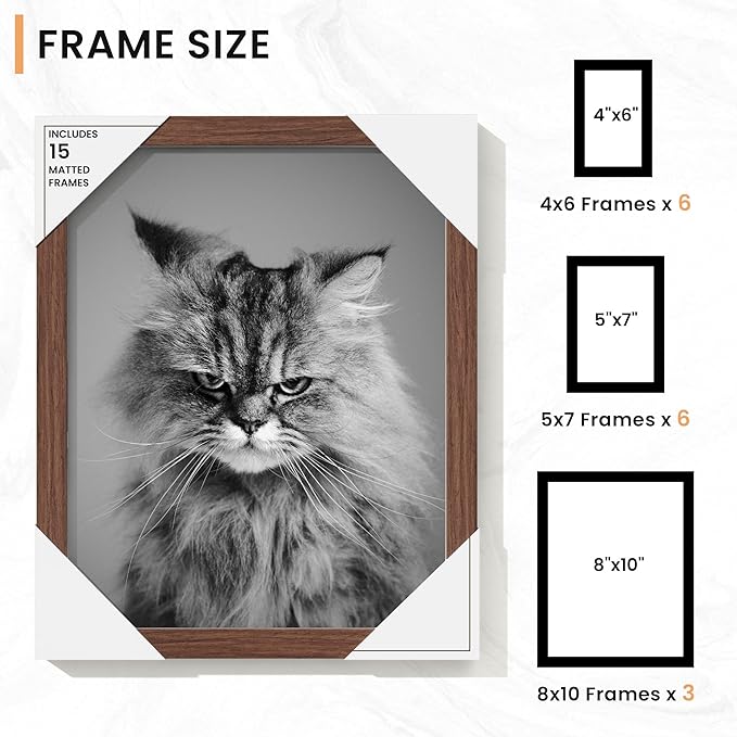 15 Pack Picture Frames Collage Wall Decor, Gallery Frame Set for Wall Mounting or Tabletop Display, Multi Sizes Including 3pcs 8x10, 6pcs 5x7, 6pcs 4x6, Walnut