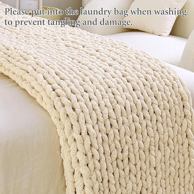 Admitrack Chunky Knit Blanket Throw, 100% Hand Knit Chenille Throw Blanket for Sofa & Home Decor, Soft and Cozy Knitted Throw Blankets (Ivory, 60""x80""), XNR09