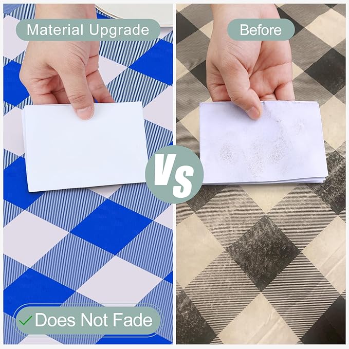 misaya Round Waterproof Vinyl Table Cloth, Buffalo Flannel Backed Tablecloth, Wipeable Plastic Table Cover for Dinner, Kitchen, Picnic (60", White and Blue)