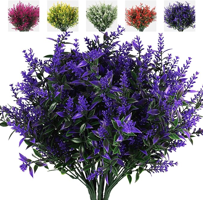RECUTMS Artificial Greenery Lavender Fake Shrubs Flowers 8 Bundles UV Resistant Hanging Planter Flora Fence Indoor Outside Decor Wedding Table Flowers Arrangement Bouquet Filler (Purple)