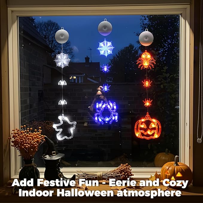 suddus 3 Pack Halloween Window Lights with Suction Cup- Battery Operated Lights Indoor with Timer - Orange Pumpkin, Purple Spider & White Ghost Decorations for Party, Room, Window, Door, Wall, Indoor