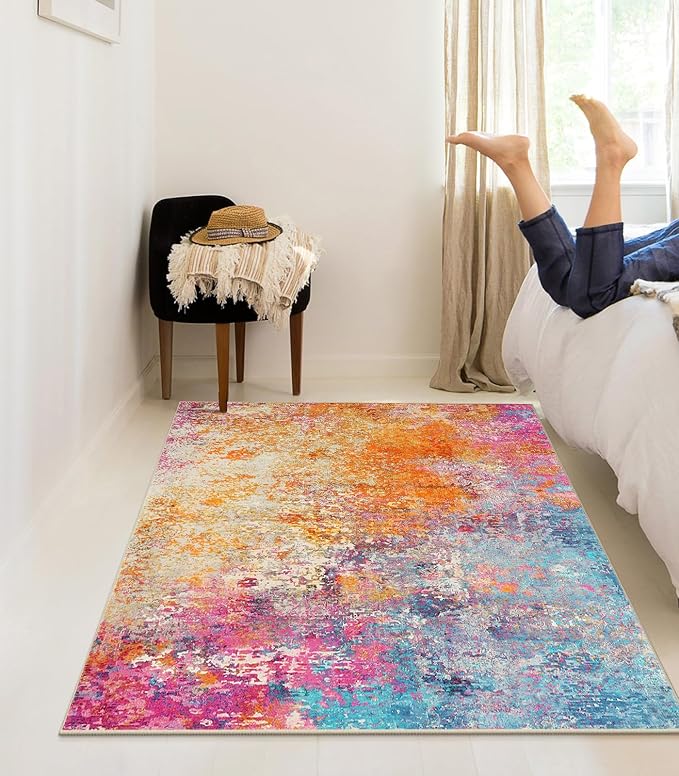 Lahome Modern Abstract Area Rug - 4x6 Colorful Living Room Rug Soft Bedroom Rug Washable Entryway Mat, Rainbow Non Slip Indoor Floor Throw Carpet for Basement Apartment Playroom Office