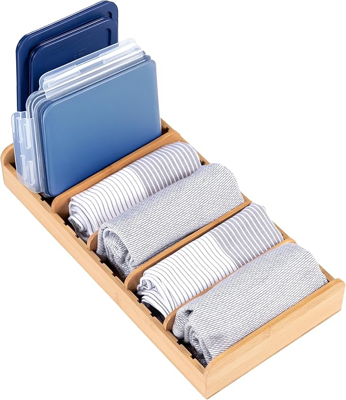 Acacia Kitchen Towel and Storage Organizer, Perfect for Drawers, Cabinets, Pantry, 5 Adjustable Wall Inserts, Non-Slip Feet, Organize Containers, Food-Safe Finish