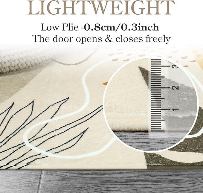 LLahome Boho 3x5 Washable Area Rug - Small Non-Slip Low-Profile Soft Rugs for Bedroom Living Room, Ultra-Thin Botanical Print Indoor Modern Carpet for Entryway Laundry Room Kitchen Office, Tan